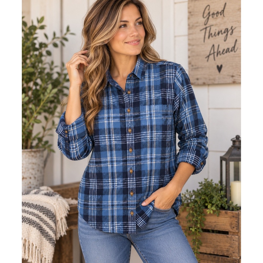 L.L.Bean Women's Small Blue Plaid Flannel Shirt Button Up Cottagecore Outdoor